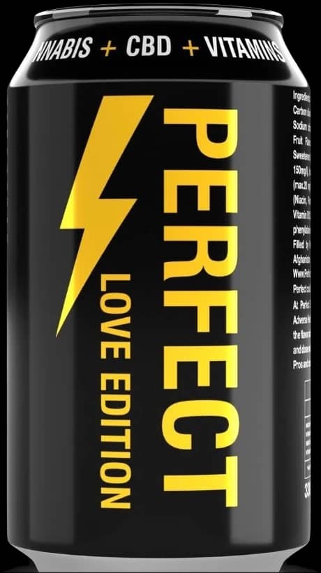 Perfect Energy Love Edition 330 ml can, black with a large gold lightning bolt