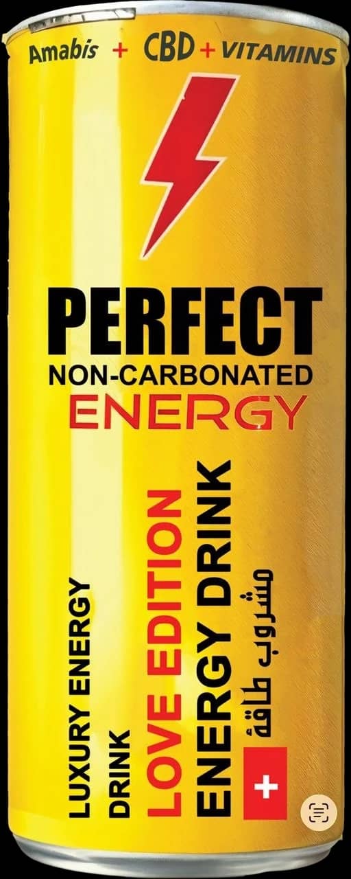 Perfect Non-Carbonated Energy Love Edition can, golden yellow with a red lightning bolt
