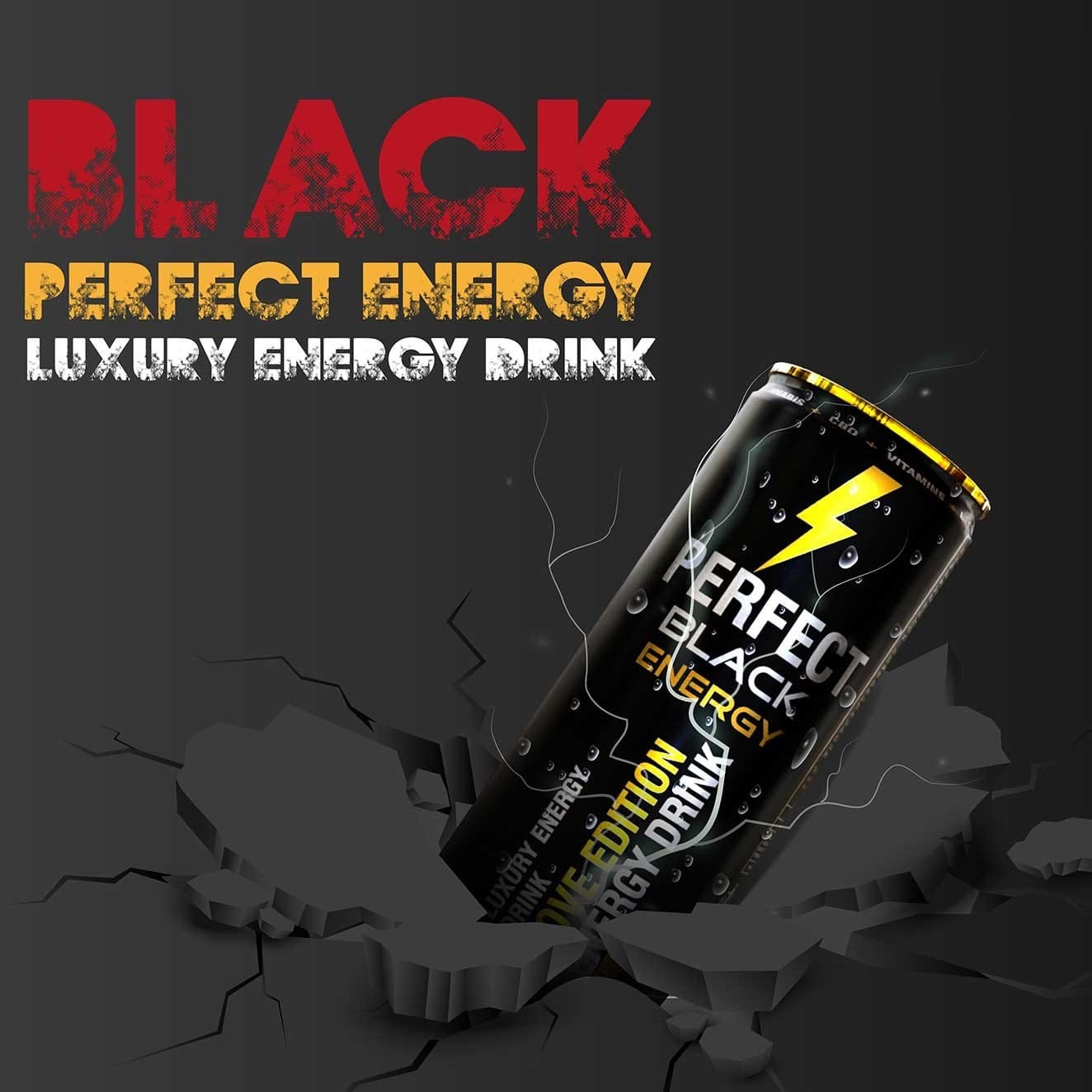 A Perfect Black Energy can bursting through cracked dark ground, campaign visual