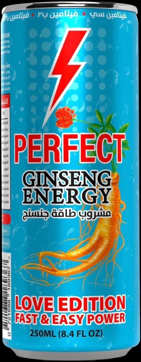 Perfect Ginseng Energy Love Edition 250 ml can, sky blue with a red lightning bolt and ginseng root illustration