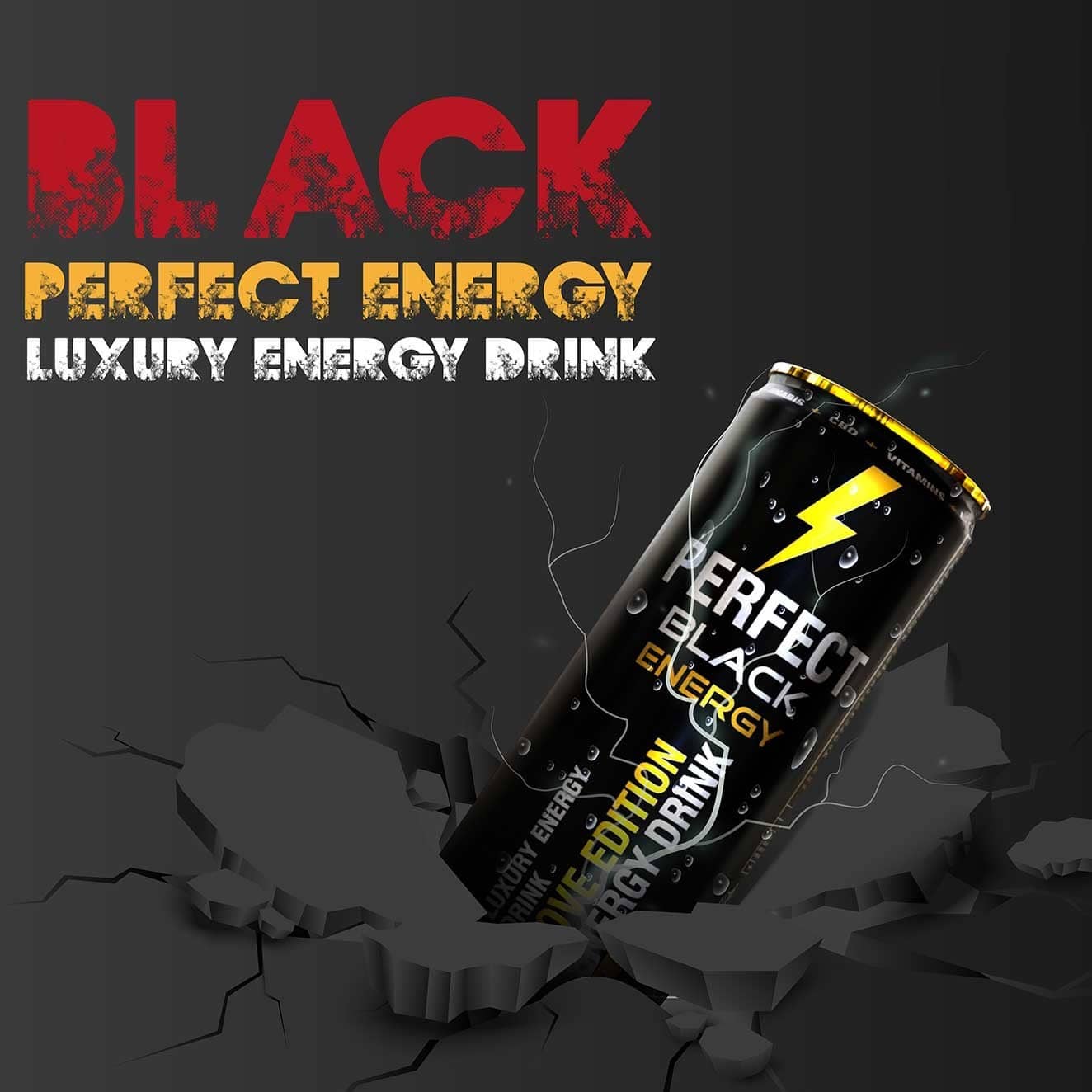 A Perfect Black Energy can bursting through cracked dark ground, campaign visual