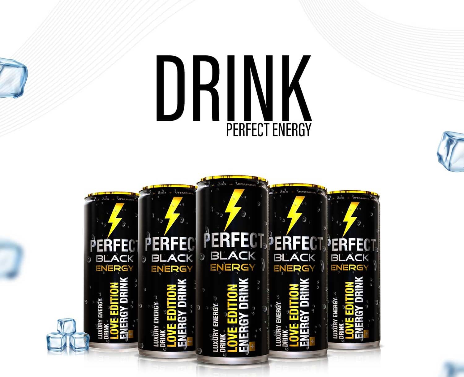 Five Perfect Black Energy cans with ice cubes on a white background under the words “Drink Perfect Energy”