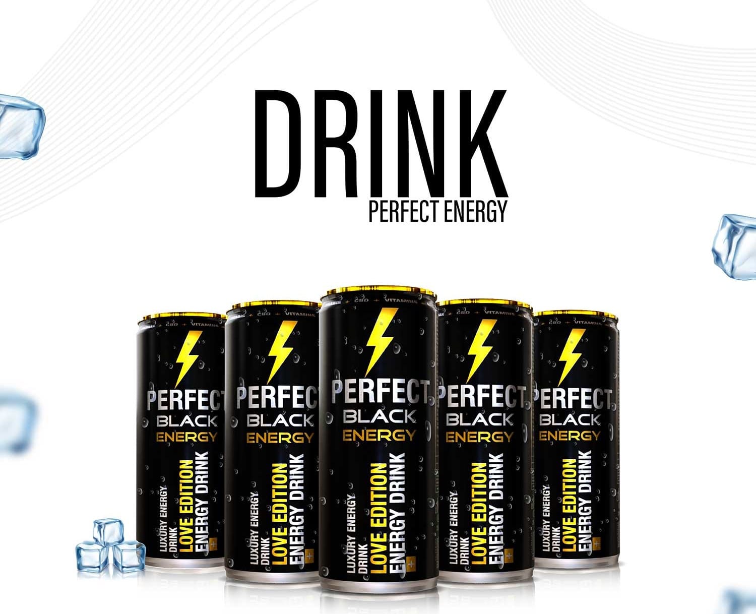 Five Perfect Black Energy cans with ice cubes on a white background under the words “Drink Perfect Energy”