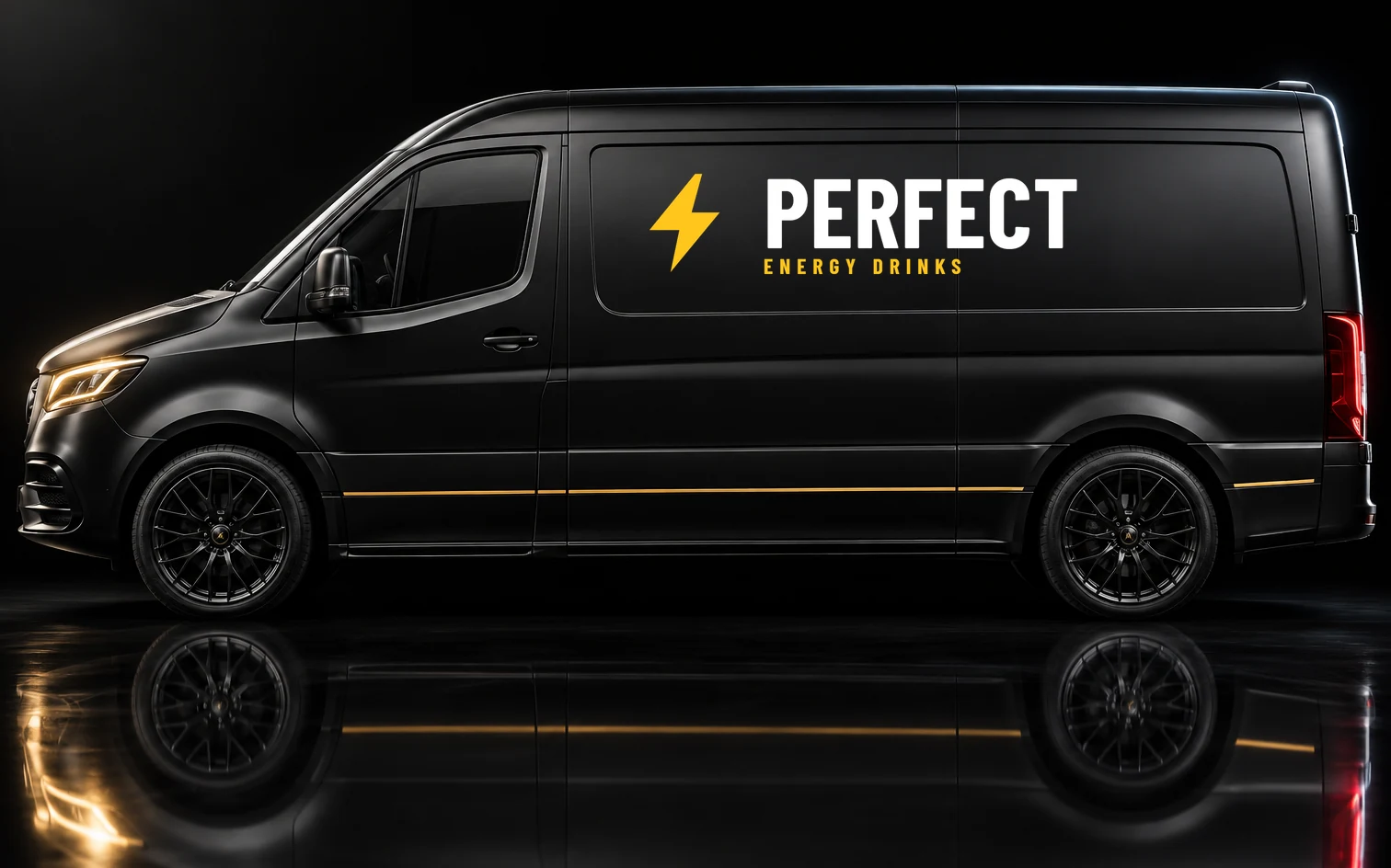 A Perfect Energy Drinks delivery van in black and gold company livery, photographed side on